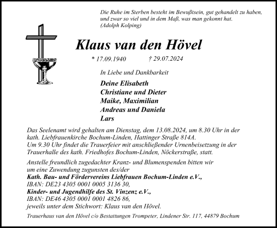 Traueranzeige von Klaus van den Hövel von Tageszeitung
