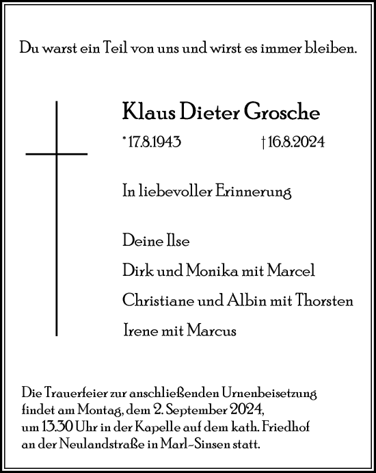 Traueranzeige von Klaus Dieter Grosche von Tageszeitung