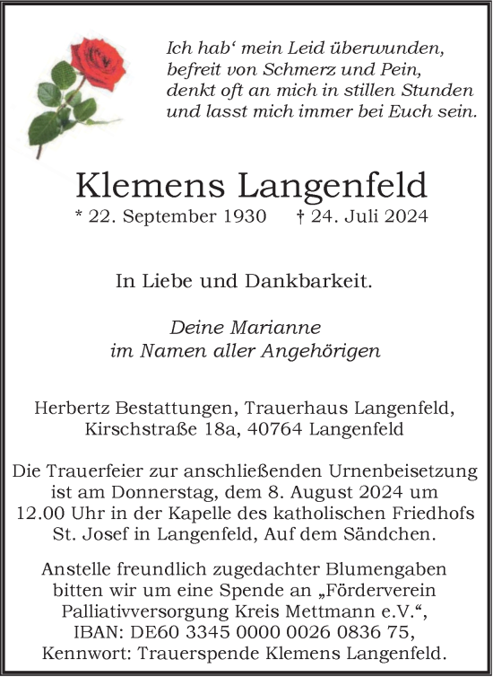 Traueranzeige von Klemens Langenfeld von Tageszeitung