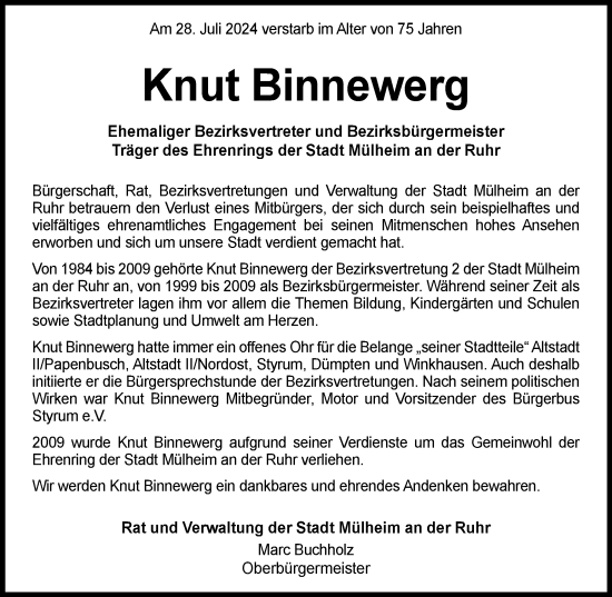 Traueranzeige von Knut Binnewerg von Tageszeitung