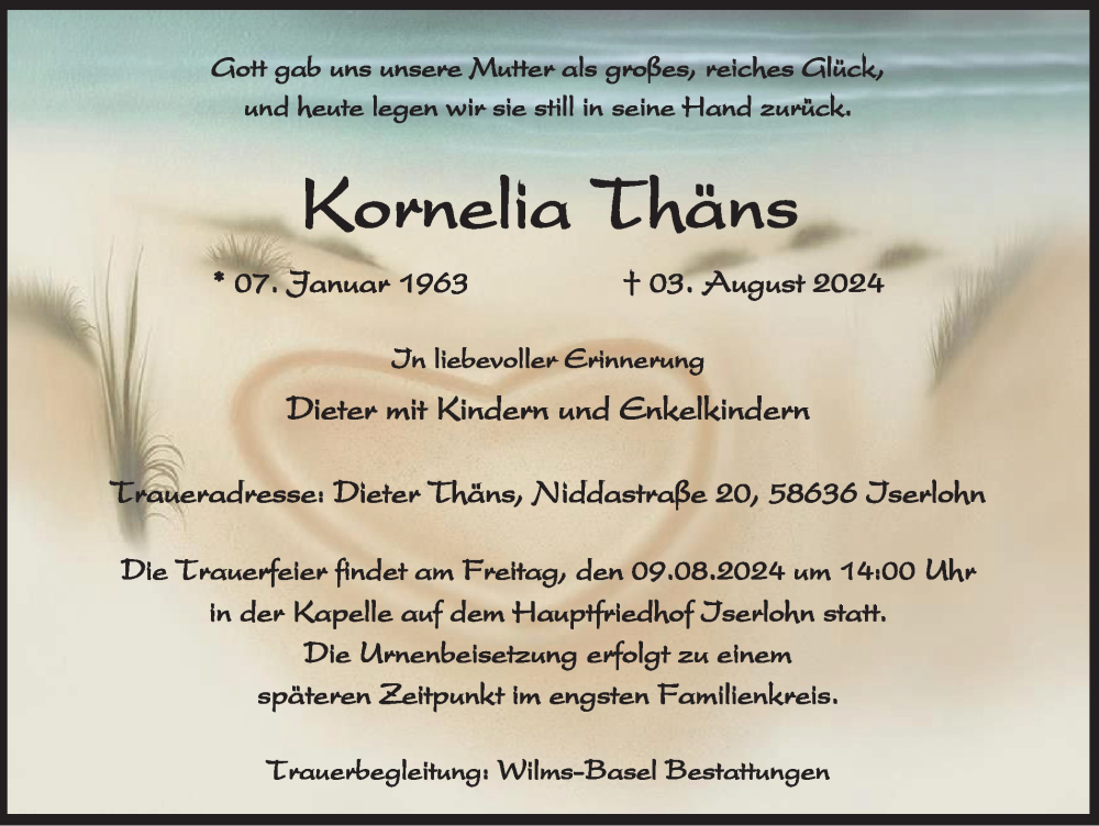  Traueranzeige für Kornelia Thäns vom 08.08.2024 aus Tageszeitung
