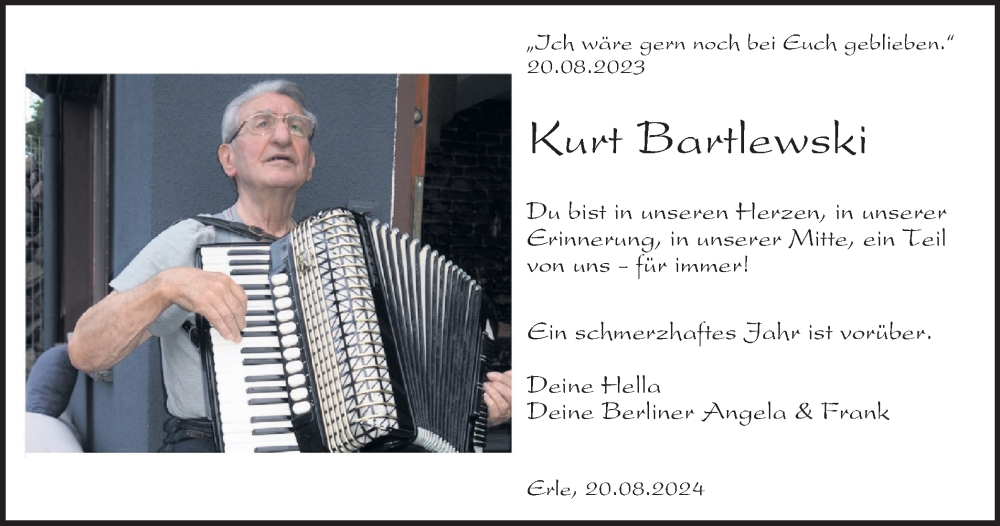  Traueranzeige für Kurt Bartlewski vom 17.08.2024 aus Tageszeitung