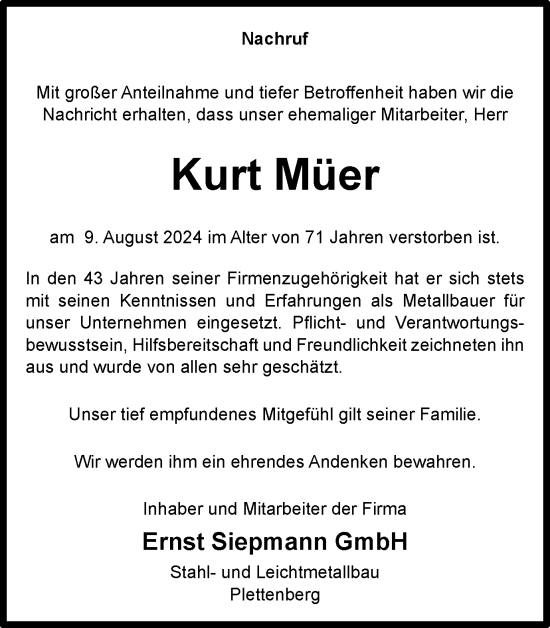 Traueranzeige von Kurt Müer von Tageszeitung