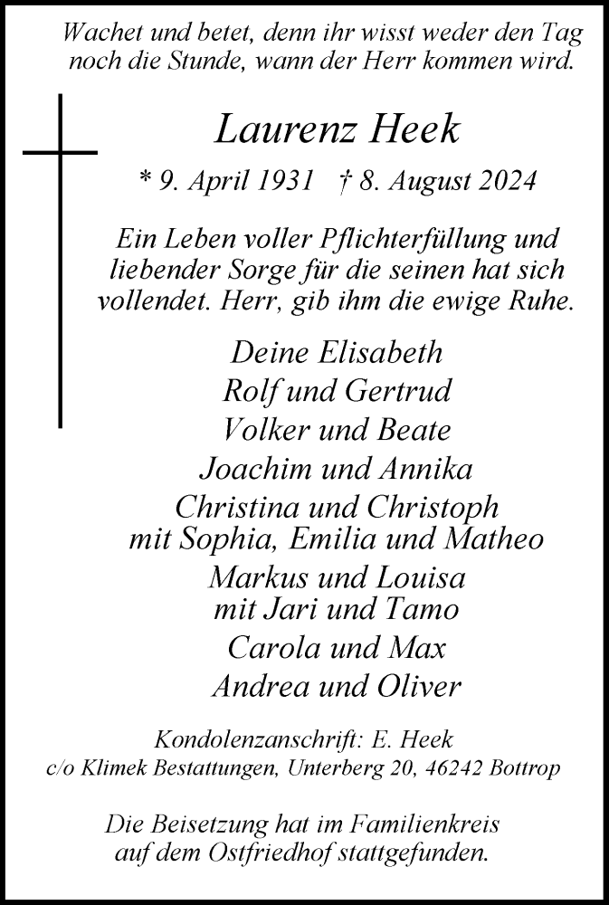  Traueranzeige für Laurenz Heek vom 17.08.2024 aus Tageszeitung
