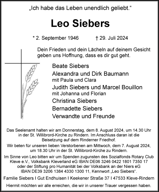 Traueranzeige von Leo Siebers von Tageszeitung