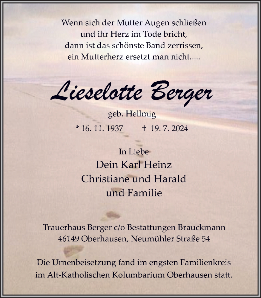  Traueranzeige für Lieselotte Berger vom 10.08.2024 aus Tageszeitung
