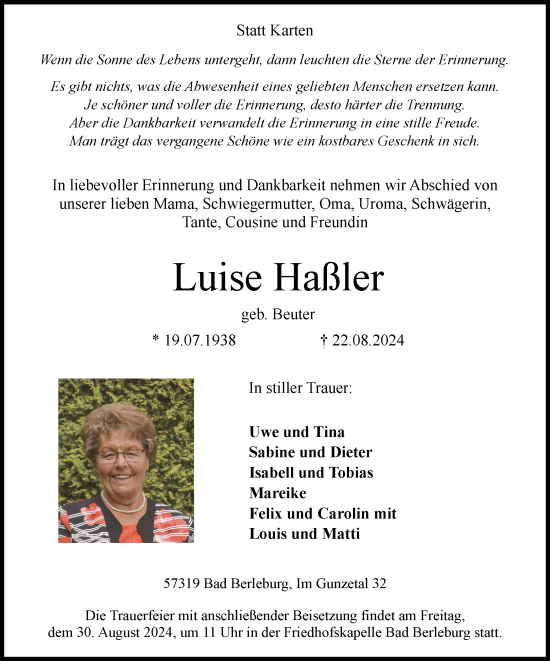 Traueranzeige von Luise Haßler von Tageszeitung