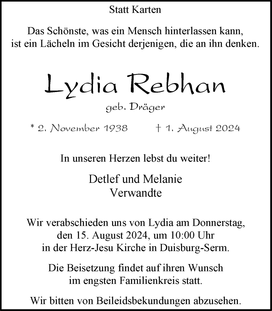  Traueranzeige für Lydia Rebhan vom 03.08.2024 aus Tageszeitung