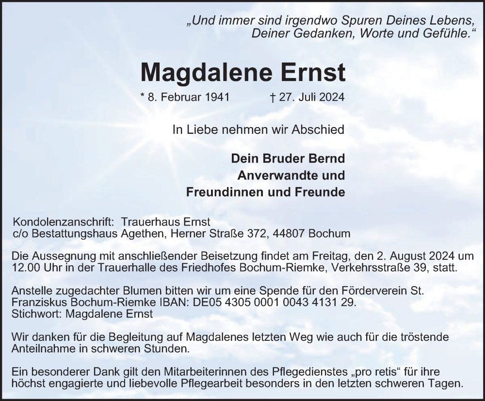  Traueranzeige für Magdalene Ernst vom 01.08.2024 aus Tageszeitung