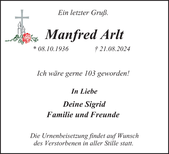 Traueranzeige von Manfred Arlt von Tageszeitung