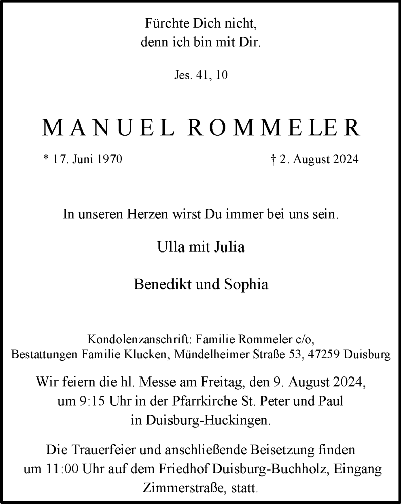  Traueranzeige für Manuel Rommeler vom 07.08.2024 aus Tageszeitung