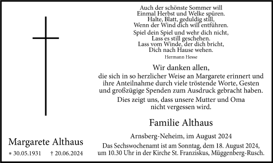 Traueranzeige von Margarete Althaus von Tageszeitung