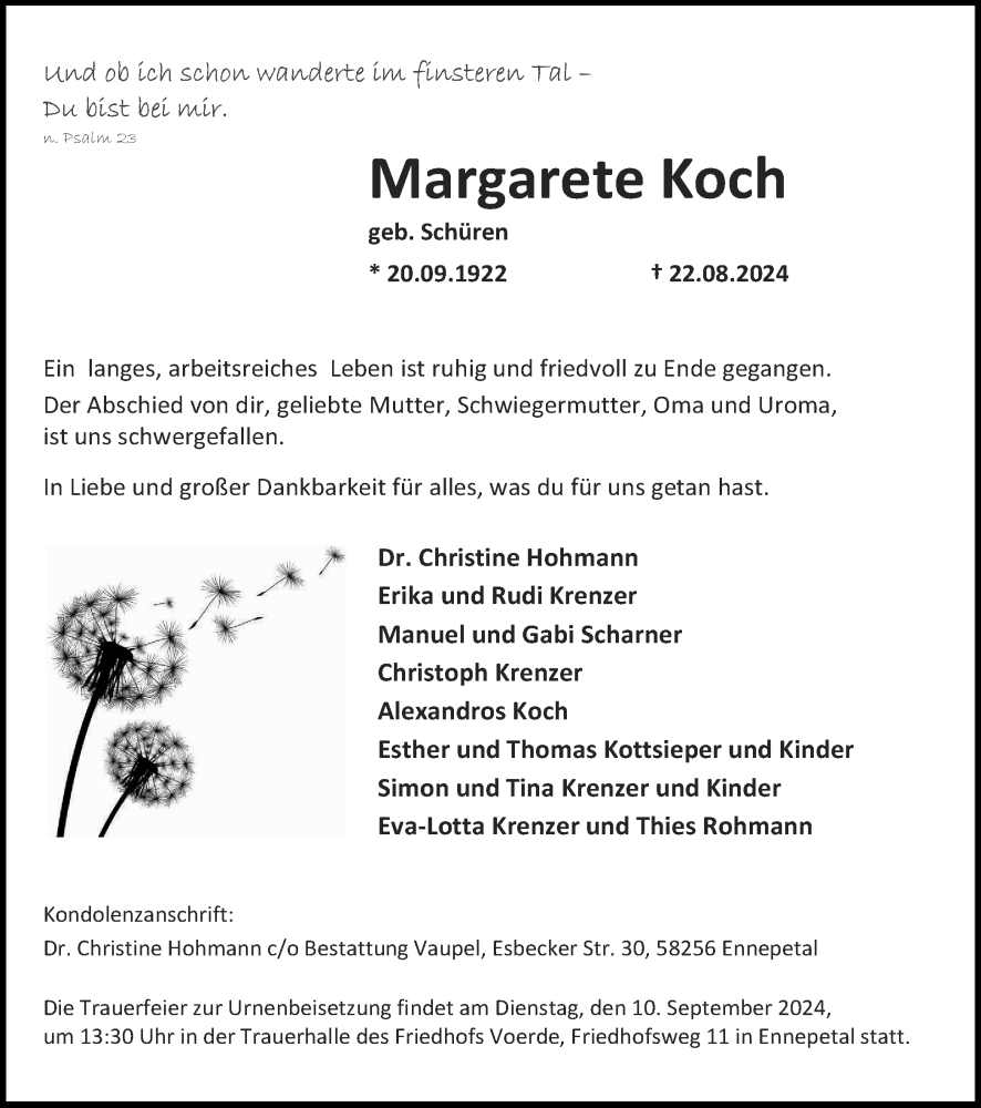  Traueranzeige für Margarete Koch vom 31.08.2024 aus Tageszeitung
