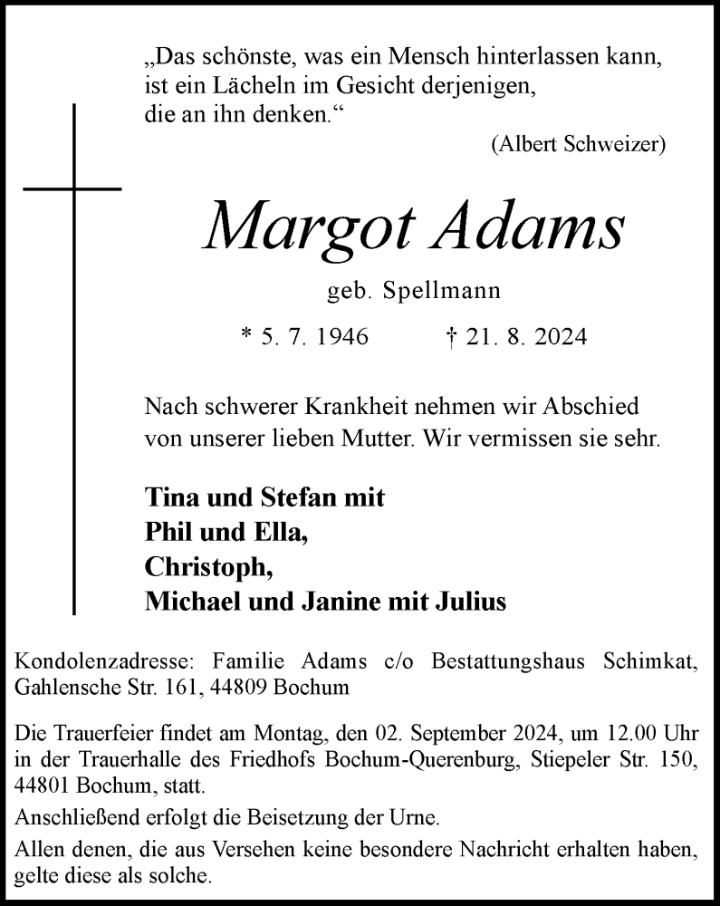  Traueranzeige für Margot Adams vom 31.08.2024 aus Tageszeitung