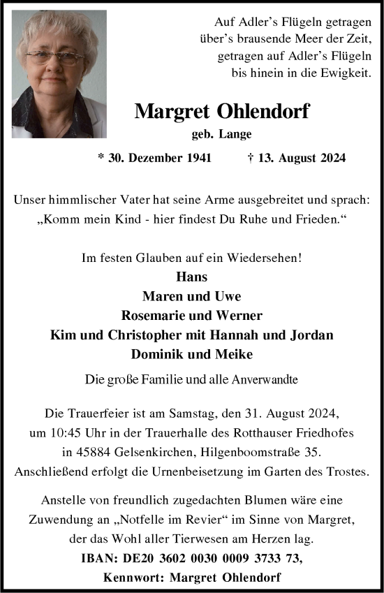 Traueranzeige von Margret Ohlendorf von Tageszeitung