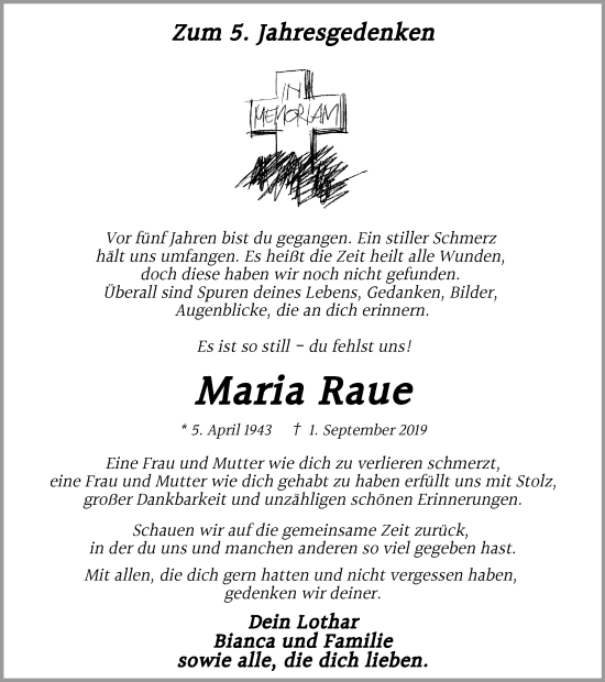 Traueranzeige von Maria Raue von Tageszeitung