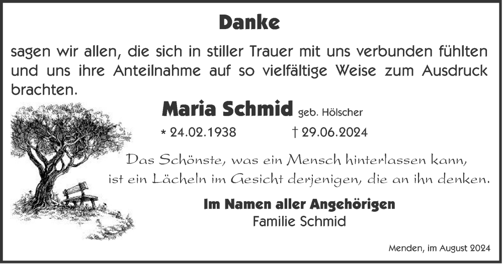  Traueranzeige für Maria Schmid vom 03.08.2024 aus Tageszeitung