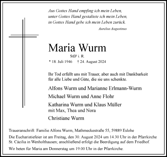 Traueranzeige von Maria Wurm von Tageszeitung