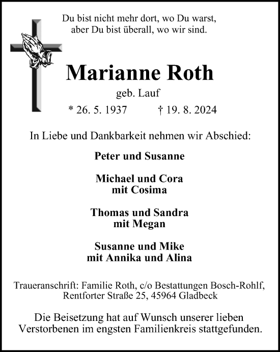 Traueranzeige von Marianne Roth von Tageszeitung