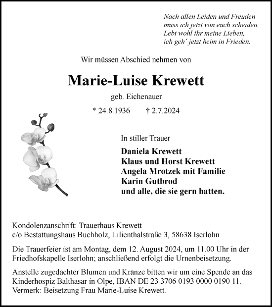 Traueranzeige von Marie-Luise Krewett von Tageszeitung