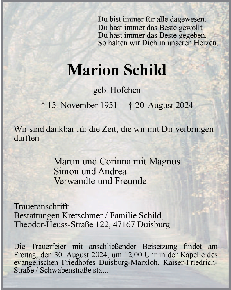  Traueranzeige für Marion Schild vom 24.08.2024 aus Tageszeitung