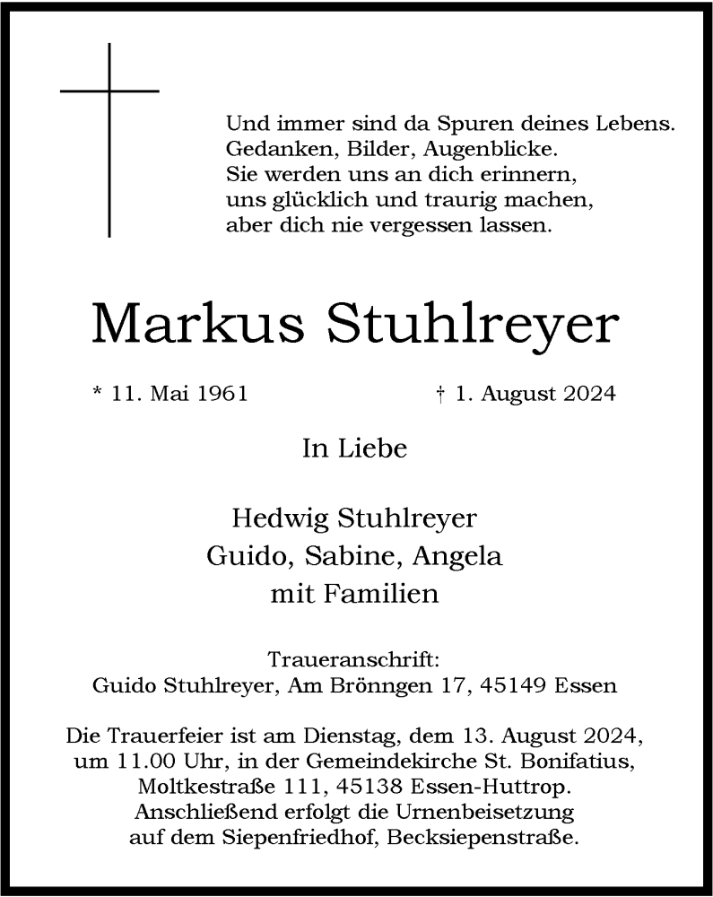  Traueranzeige für Markus Stuhlreyer vom 10.08.2024 aus Tageszeitung