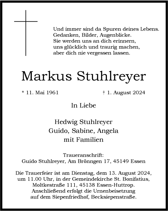Traueranzeige von Markus Stuhlreyer von Tageszeitung