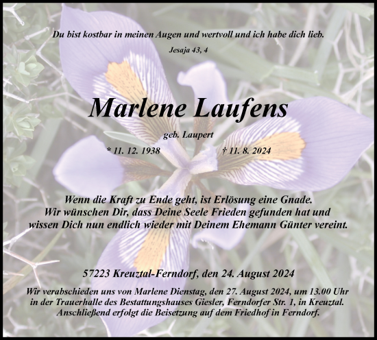 Traueranzeige von Marlene Laufens von Tageszeitung