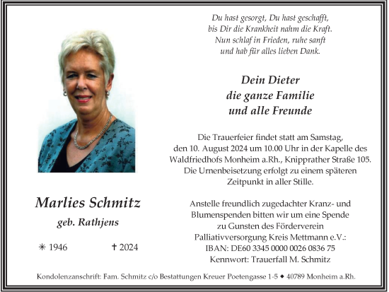 Traueranzeige von Marlies Schmitz von Tageszeitung