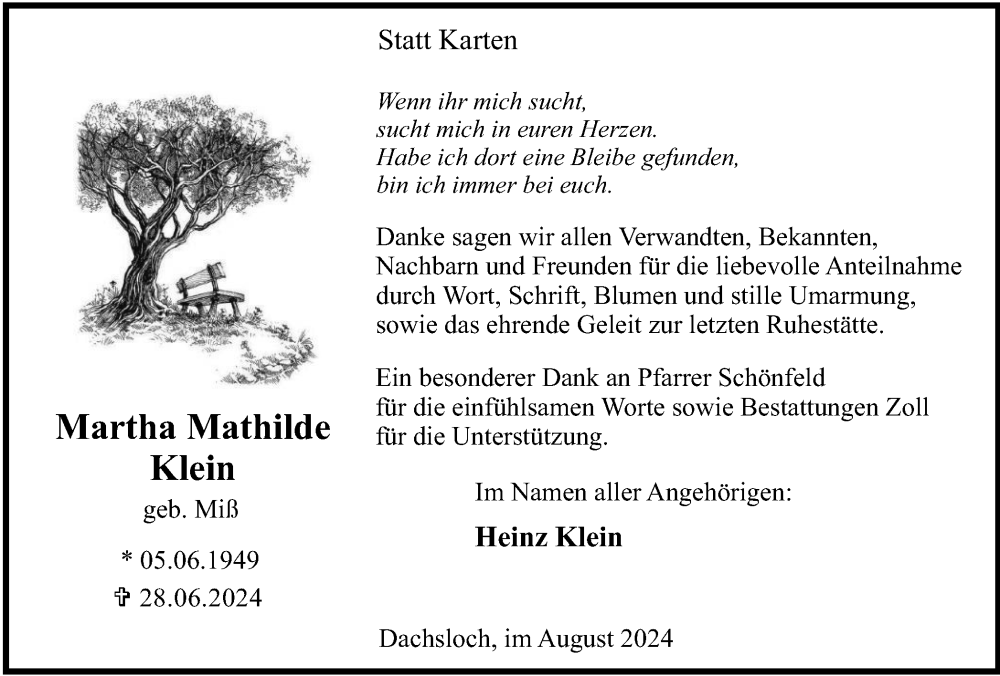  Traueranzeige für Martha Mathilde Klein vom 30.08.2024 aus Tageszeitung