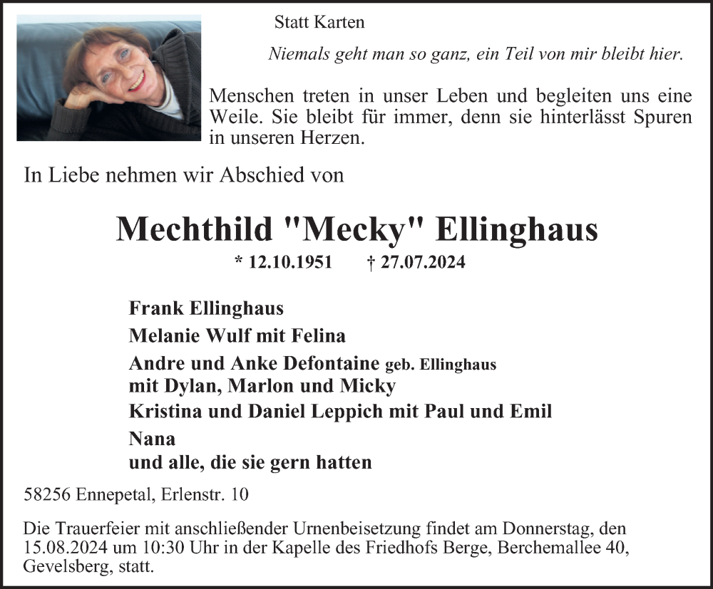  Traueranzeige für Mechthild Ellinghaus vom 03.08.2024 aus Tageszeitung