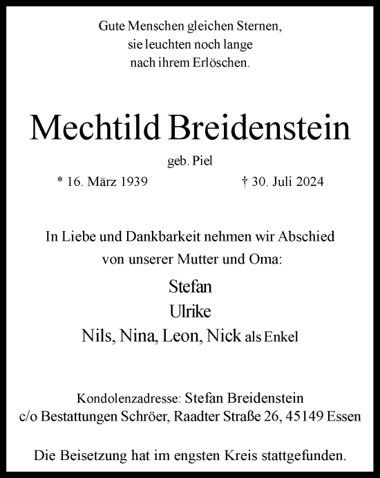 Traueranzeige von Mechtild Breidenstein von Tageszeitung