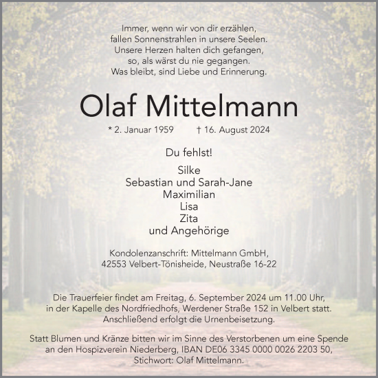 Traueranzeige von Olaf Mittelmann von Tageszeitung