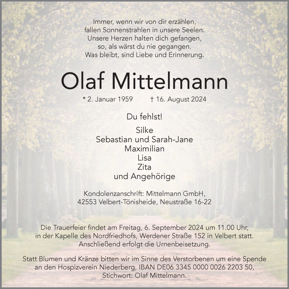  Traueranzeige für Olaf Mittelmann vom 31.08.2024 aus Tageszeitung