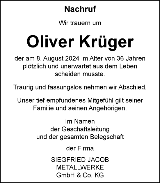 Traueranzeige von Oliver Krüger von Tageszeitung