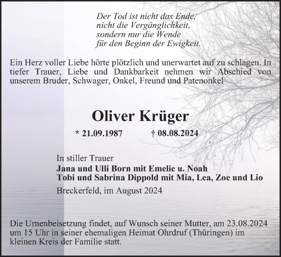 Traueranzeige von Oliver Krüger von Tageszeitung