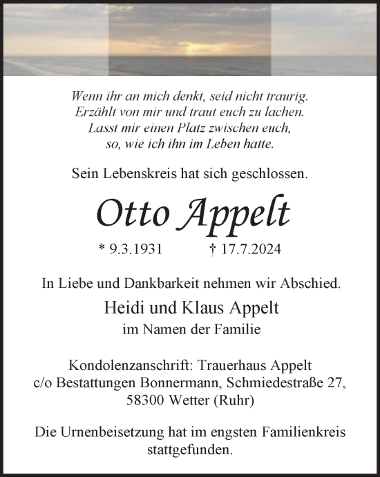 Traueranzeige von Otto Appelt von Tageszeitung