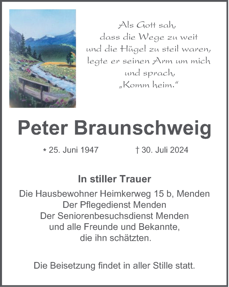  Traueranzeige für Peter Braunschweig vom 10.08.2024 aus Tageszeitung