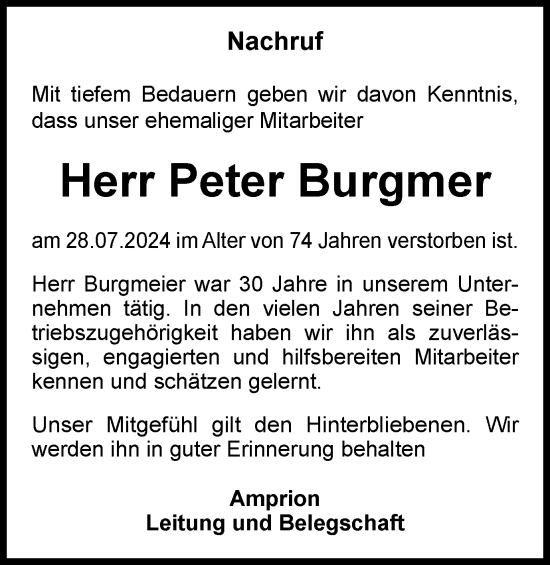 Traueranzeige von Peter Burgmer von Tageszeitung