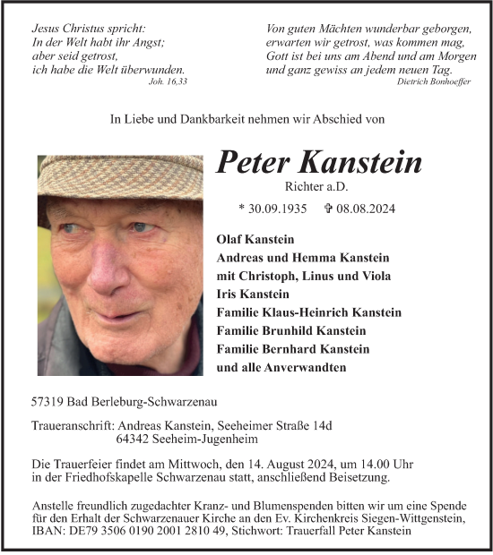 Traueranzeige von Peter Kanstein von Tageszeitung