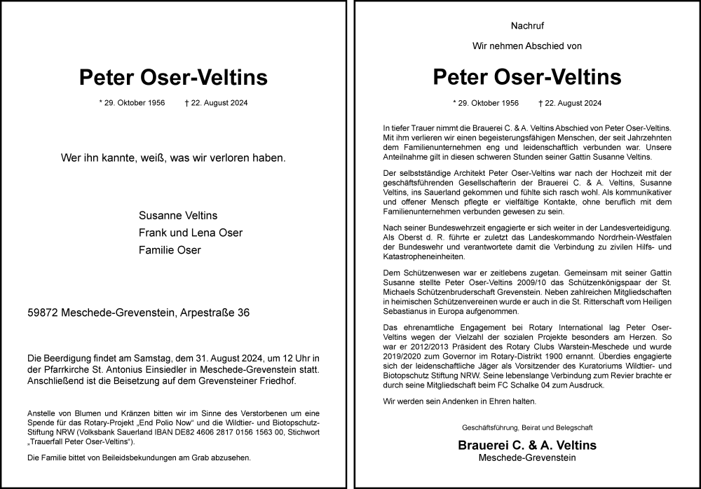  Traueranzeige für Peter Oser-Veltins vom 26.08.2024 aus Tageszeitung