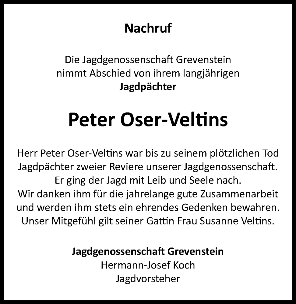  Traueranzeige für Peter Oser-Veltins vom 31.08.2024 aus Tageszeitung