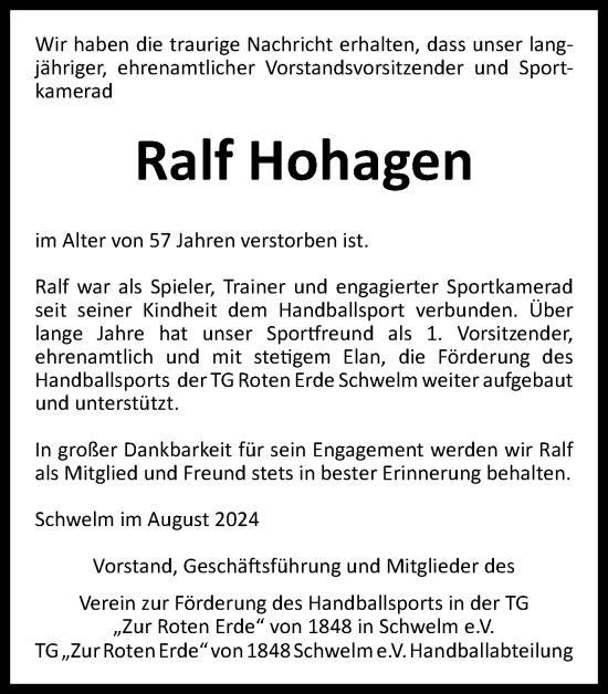 Traueranzeige von Ralf Hohagen von Tageszeitung