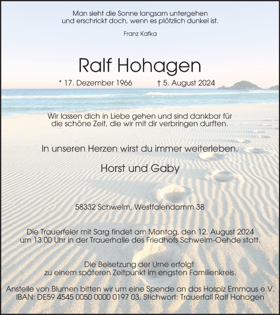Traueranzeige von Ralf Hohagen von Tageszeitung