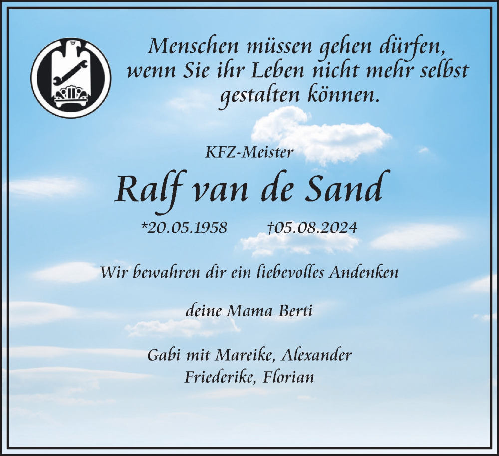  Traueranzeige für Ralf van de Sand vom 10.08.2024 aus Tageszeitung