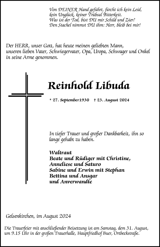 Traueranzeige von Reinhold Libuda von Tageszeitung