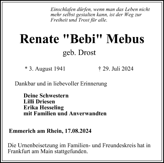 Traueranzeige von Renate  Mebus von Tageszeitung