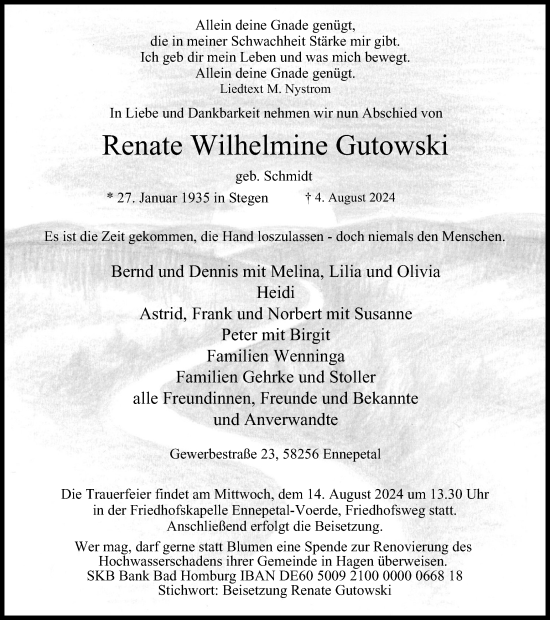 Traueranzeige von Renate Wilhelmine Gutowski von Tageszeitung