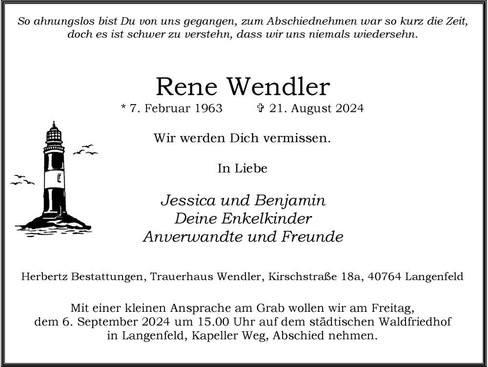  Traueranzeige für Rene Wendler vom 31.08.2024 aus Tageszeitung