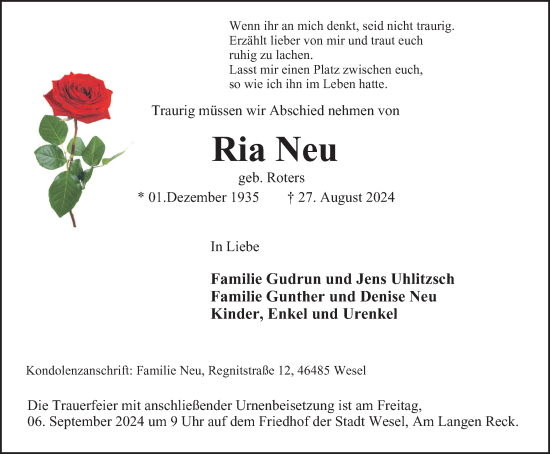 Traueranzeige von Ria Neu von Tageszeitung